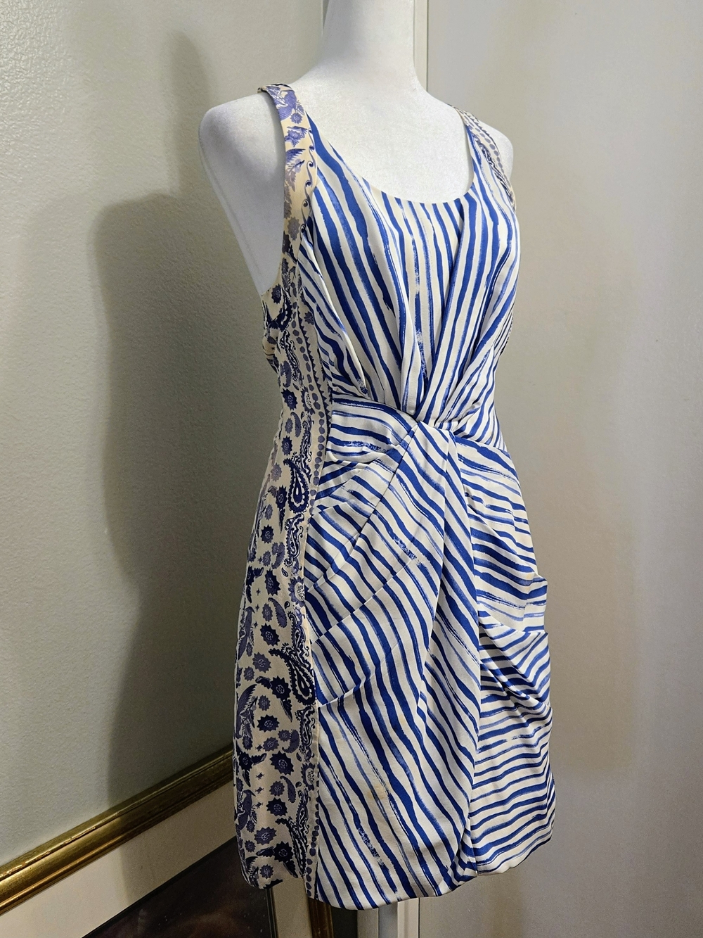 Rebecca Minkoff Ruched Silk Blue and White Striped Twist-Front Sleeveless Dress